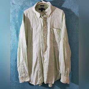 Tommy Hilfiger Pure Linen Green & White Striped Button Down Shirt Mens Size XL